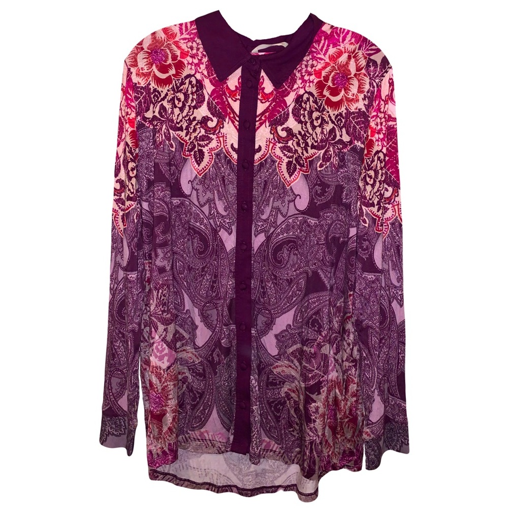 Soft Surroundings Large Paisley Seraphina Purple Button Down Long Sleeve Top